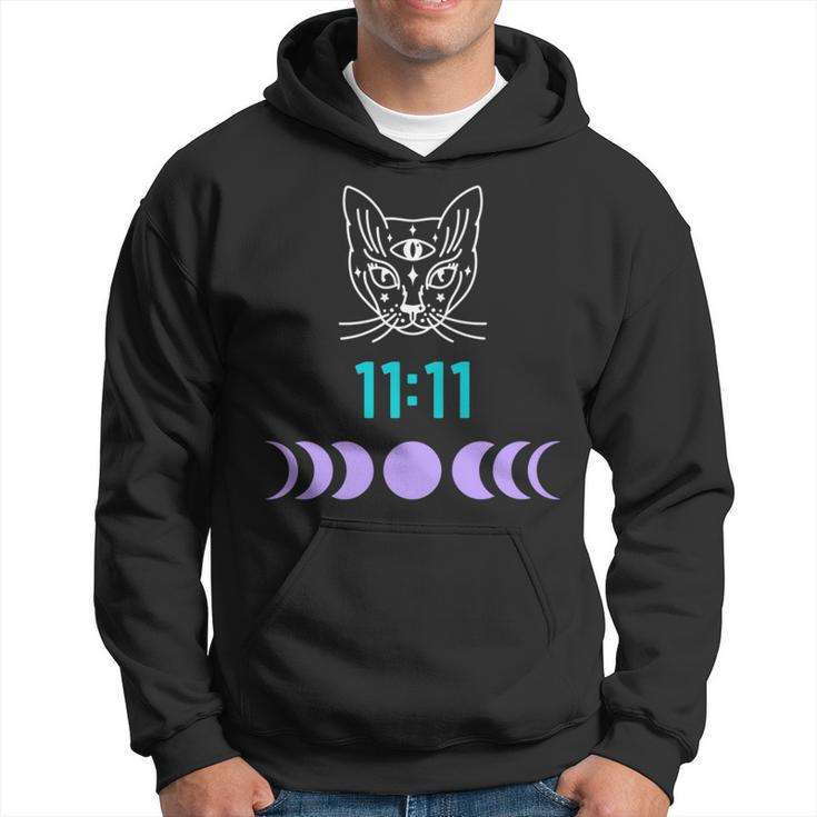 Manifestation Cat And Moon Phase 11 11 Eleven Eleven Purple Hoodie