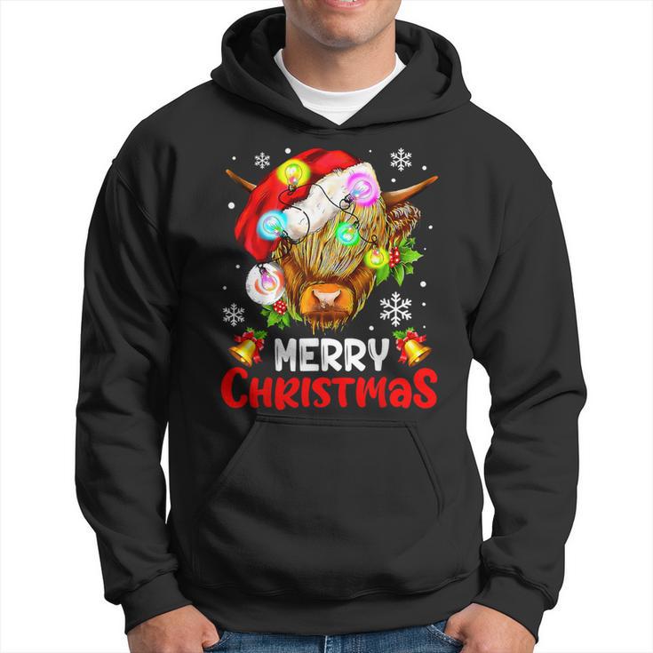 Merry Christmas Highland Cow Western Santa Hat Xmas Pajamas Hoodie