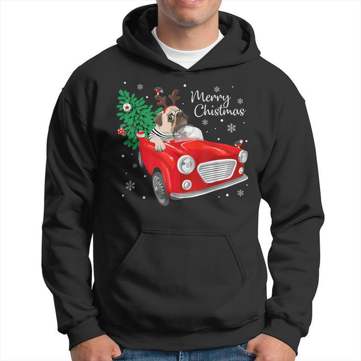Merry Christmas Vintage Pug Dog Reindeer Red Truck Xmas Tree Hoodie