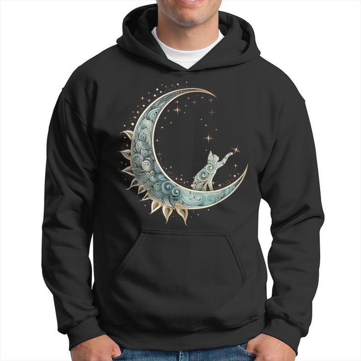 Mystical Aesthetic Cat Sitting On Crescent Moon Lunar Cat Hoodie