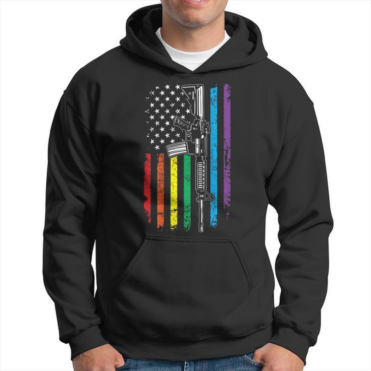 Rainbow Pro Gun American Flag Lgbt Gay Pride Ar15 On Back Hoodie