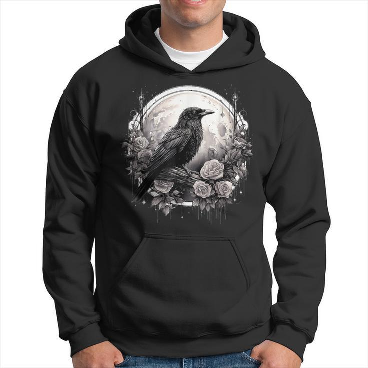 Raven Full Moon Gothic Witchy Crow Roses Mystical Hoodie