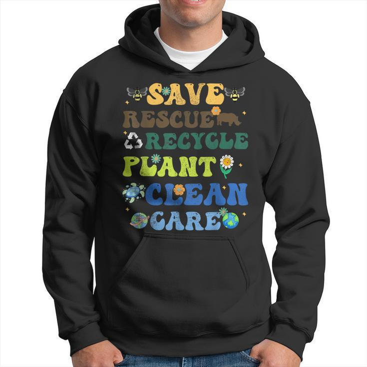 Retro Earth Day Save Bees Rescue Animals Recycle Plastics Hoodie