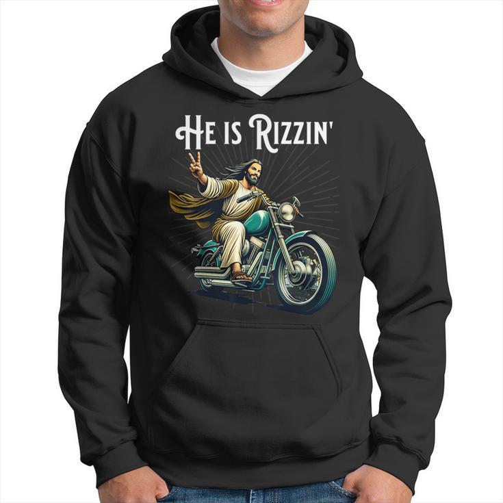 Rizzen Rizz He Is Rizzin Jesus Riding Motorcycle Hoodie