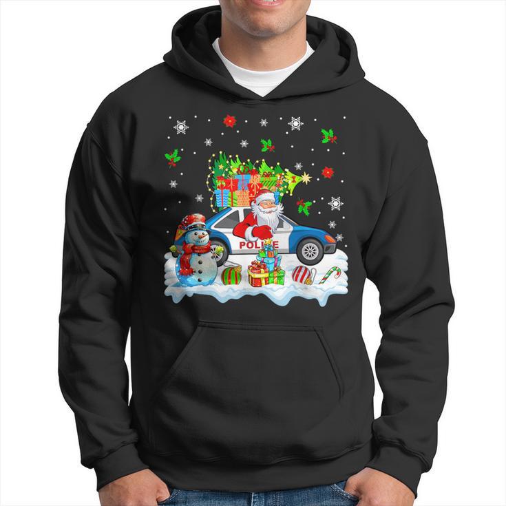 Santa Carrying Christmas Tree On Police Car Snowman Driver Hoodie