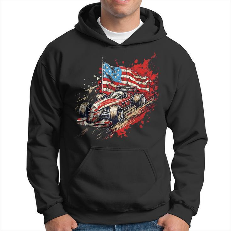 Vintage Auto Racing Car American Flag 4Th Of July Auto Race Hoodie