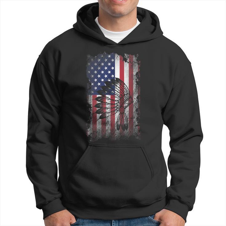 Vintage Distressed Skull Native Indian Feather American Flag Hoodie