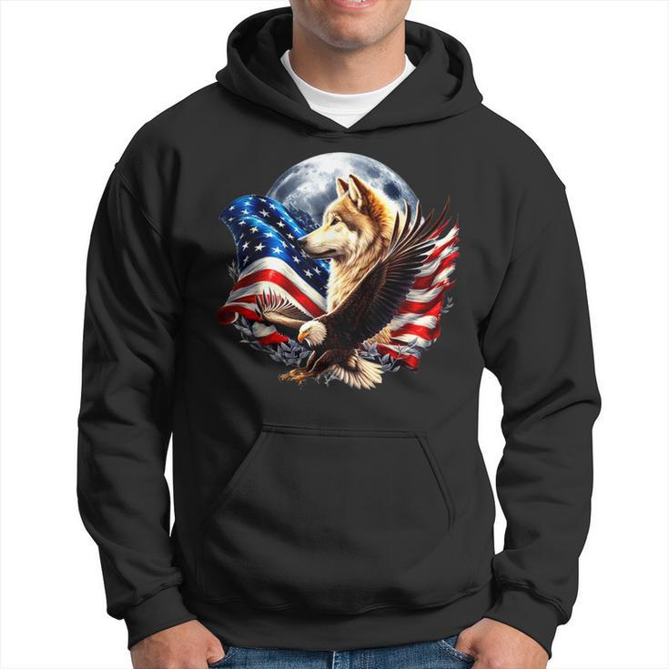 Wolf Bald Eagle American Flag Full Moon New Years Wolf Lover Hoodie