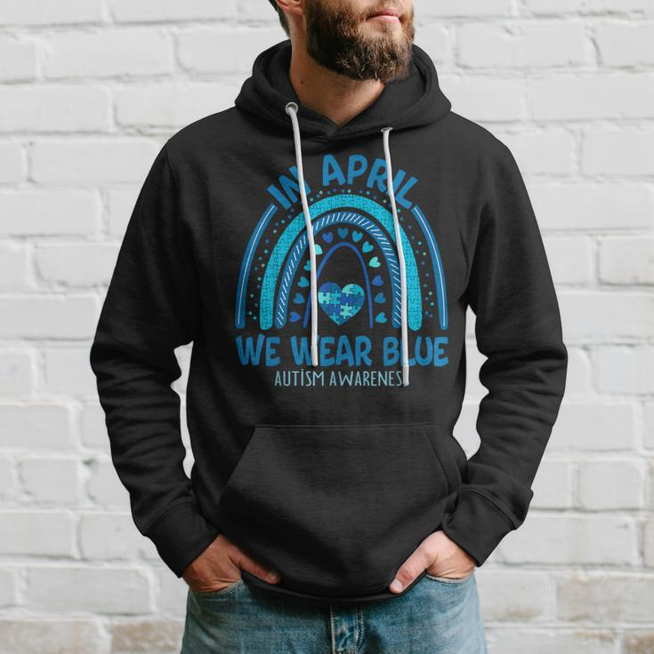 In April We Wear Blue Autism Awareness Puzzle Rainbow Hoodie Gifts for Him