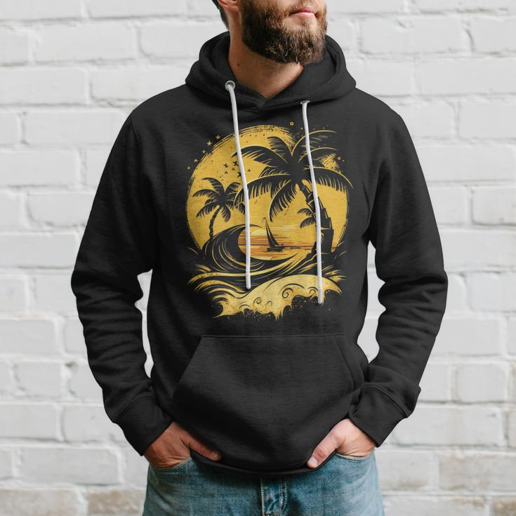On Back Tropical Palm Trees Sailboat Beach Island Sunset Hoodie Gifts for Him