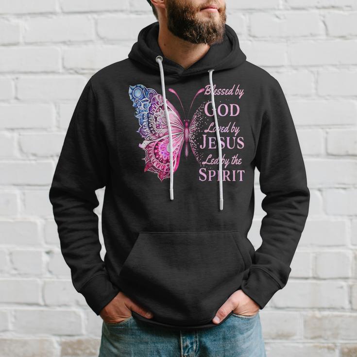 Blessed By God Loved By Jesus Pink Butterfly Hoodie Gifts for Him