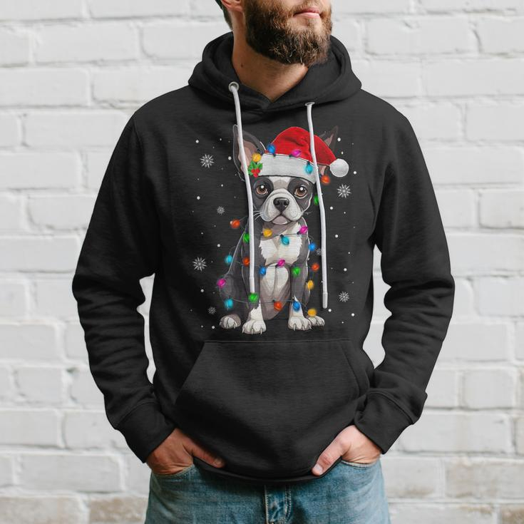 Boston Terrier Christmas Santa Hat Tree Lights Pajama Hoodie Gifts for Him