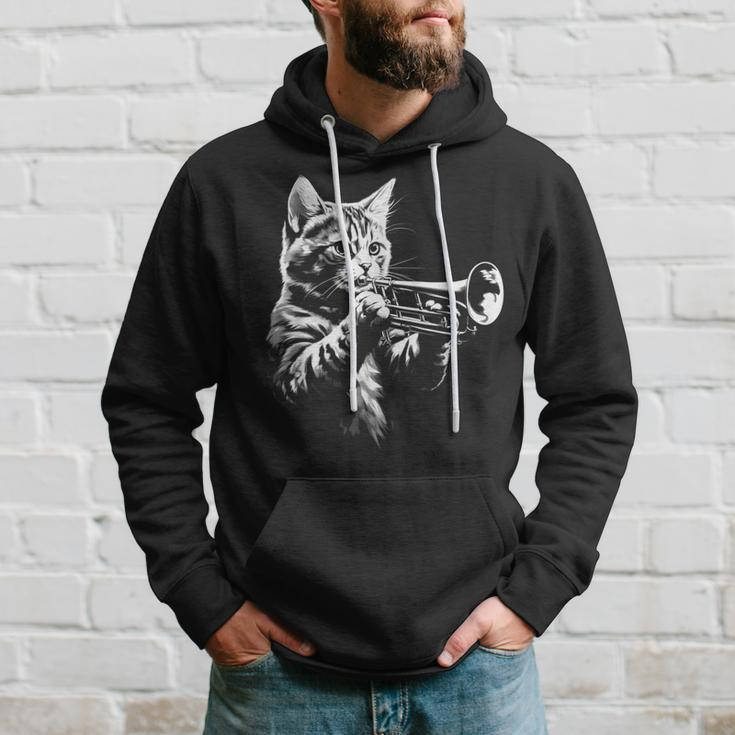 Cat Playing Trumpet Vintage Jazz Musician Trumpeter Hoodie Gifts for Him