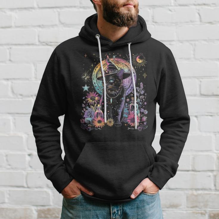 Graphic Cat Witchy And Flowers Cats With Crescent The Moon Hoodie Gifts for Him