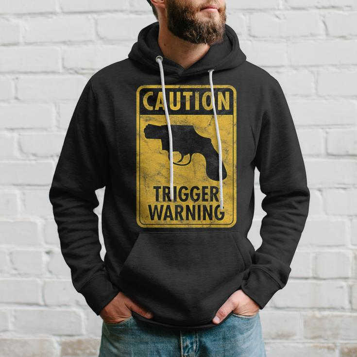 Caution Trigger Warning Fun Gun Road Sign Woke Virtue Signal Hoodie Gifts for Him
