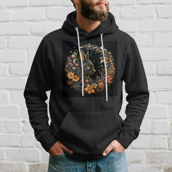 Celestial Cat Astrology Crescent Moon Flowers Graphic Hoodie Gifts for Him