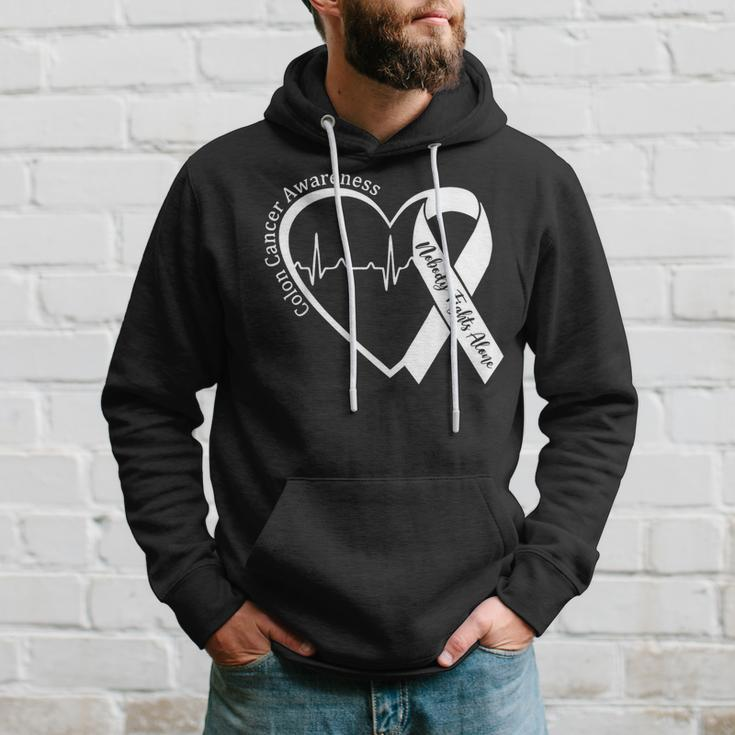 Colon Cancer Awareness Support Family Matching Blue Ribbon Hoodie Gifts for Him