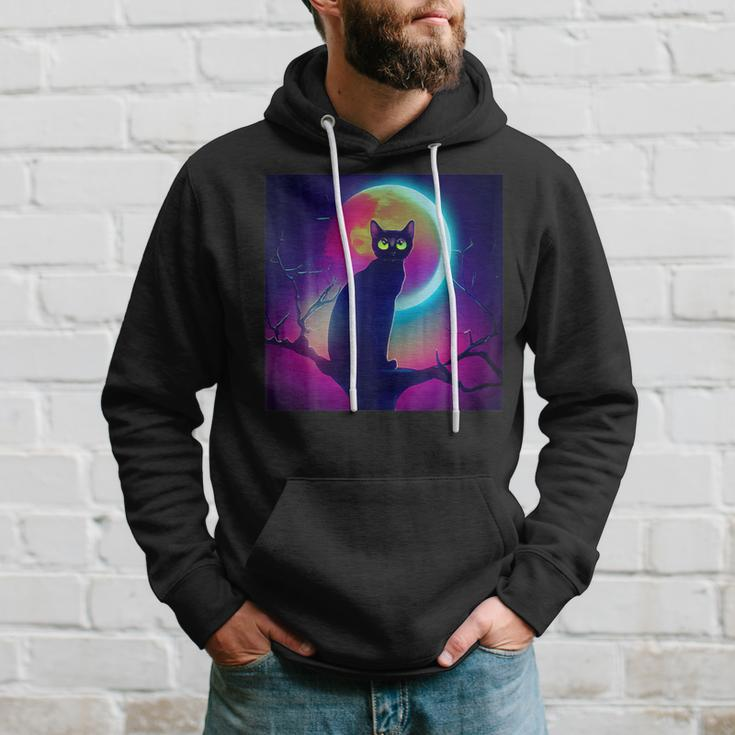 Cute Black Cat Spooky Yellow Purple Full Moon Logo Hoodie Gifts for Him