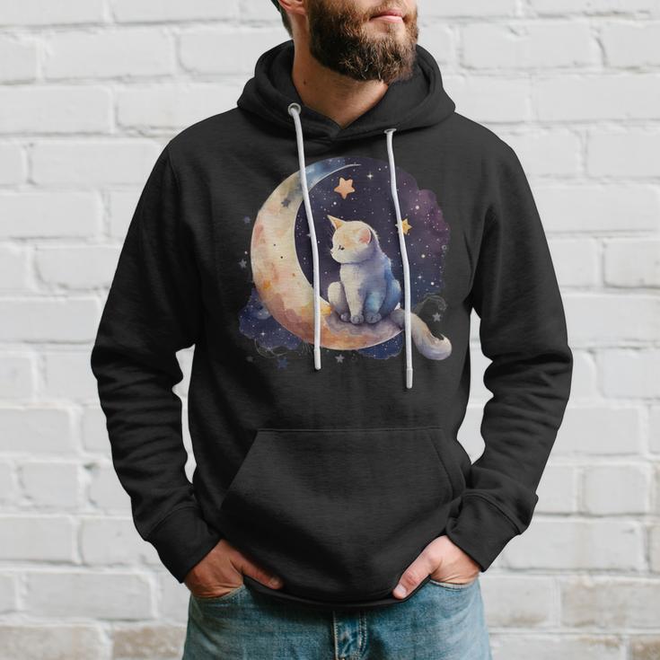 Cute Cat Crescent Moon Phases Purple Star Night Kawaii Cat Hoodie Gifts for Him