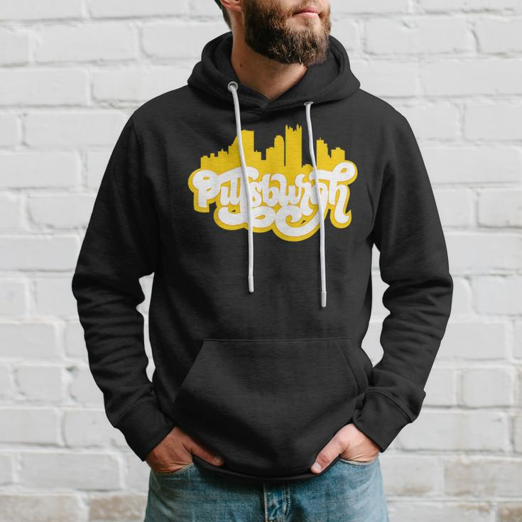 Cute Pittsburgh Skyline Black And Yellow Lettering Hoodie Gifts for Him