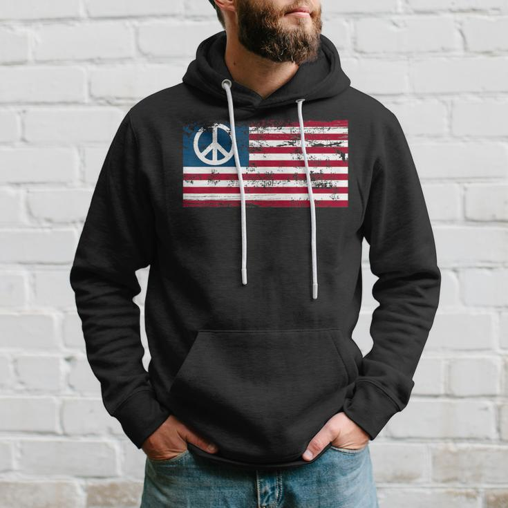Distressed American Usa Flag With Peace Sign Hoodie Gifts for Him