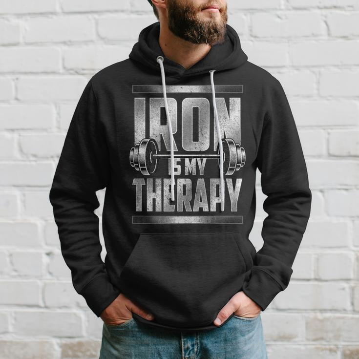 Dumbbell Workout Iron Is My Therapy Weightlifting Gym Addict Hoodie Gifts for Him