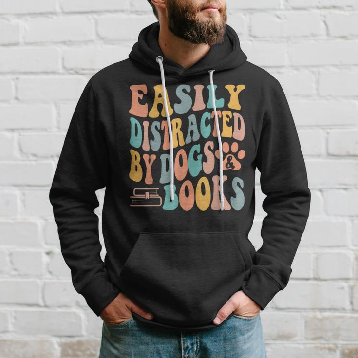 Easily Distracted By Dogs & Books Animals Book Lover Groovy Hoodie Gifts for Him