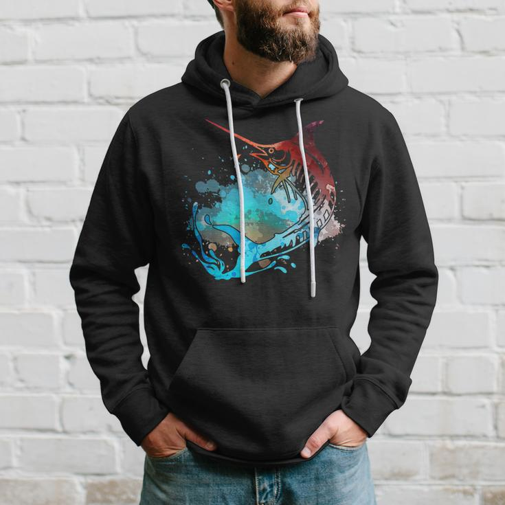 Fishing Marlin Swordfish Retro Vintage Sunset Watercolor Hoodie Gifts for Him