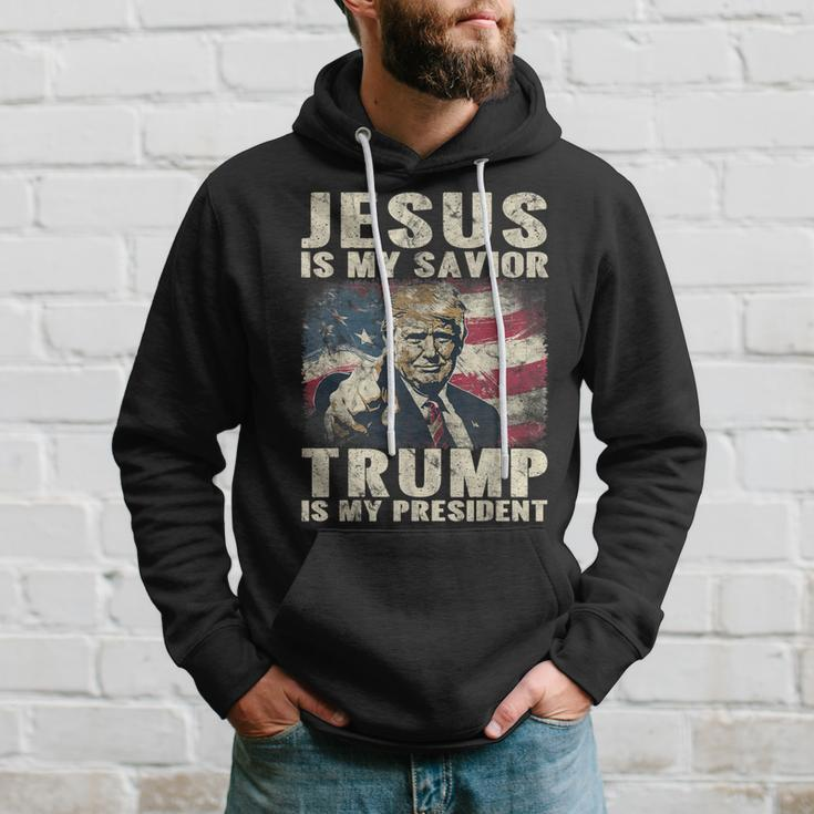Jesus Is My Savior Trump Is My President 2024 American Flag Hoodie Gifts for Him