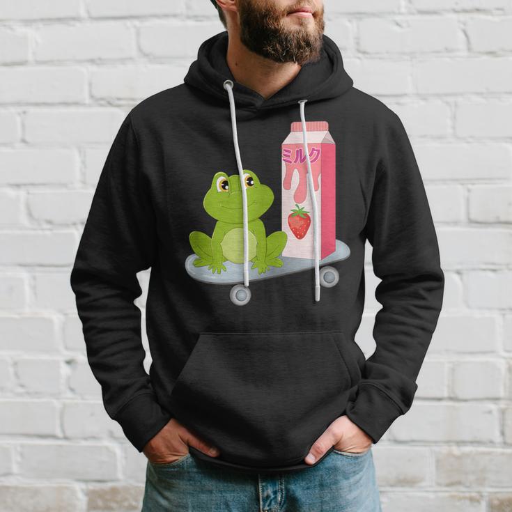 Kawaii Cute Frog On Skateboard With Strawberry Milk Hoodie Gifts for Him