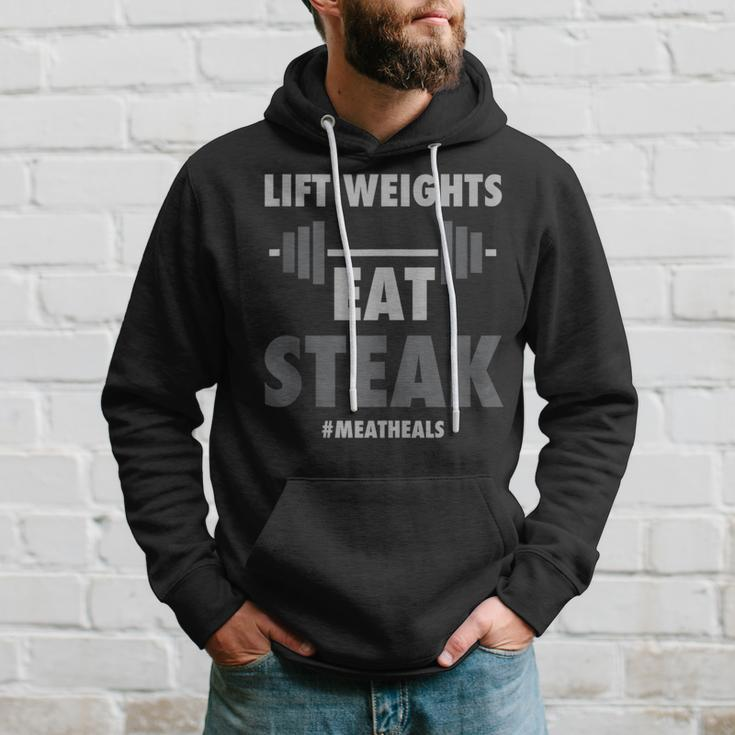 Lift Weights Eat Steak Meat Heals Work Out Protein Bbq Hoodie Gifts for Him