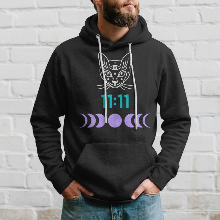Manifestation Cat And Moon Phase 11 11 Eleven Eleven Purple Hoodie Gifts for Him