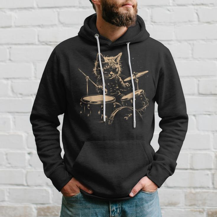 Pop Rock Drummer Cat Kitten Music Playing Drums Music Bands Hoodie Gifts for Him