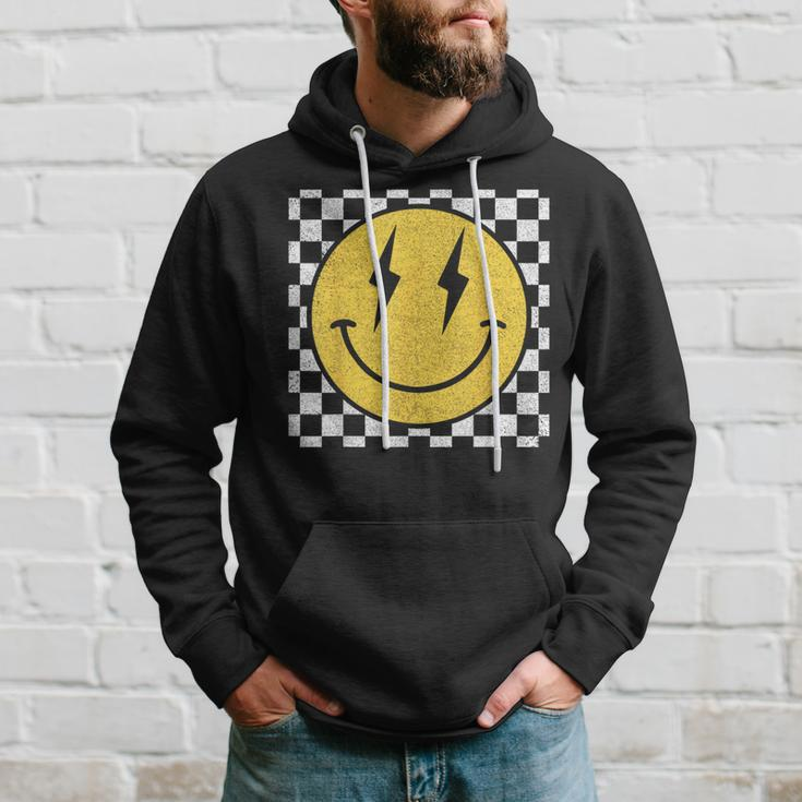 Retro Happy Face Distressed Checkered Pattern Smile Face Hoodie Gifts for Him