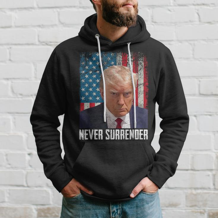 Never Surrender Trump Shot 2024 President American Flag Hoodie Gifts for Him