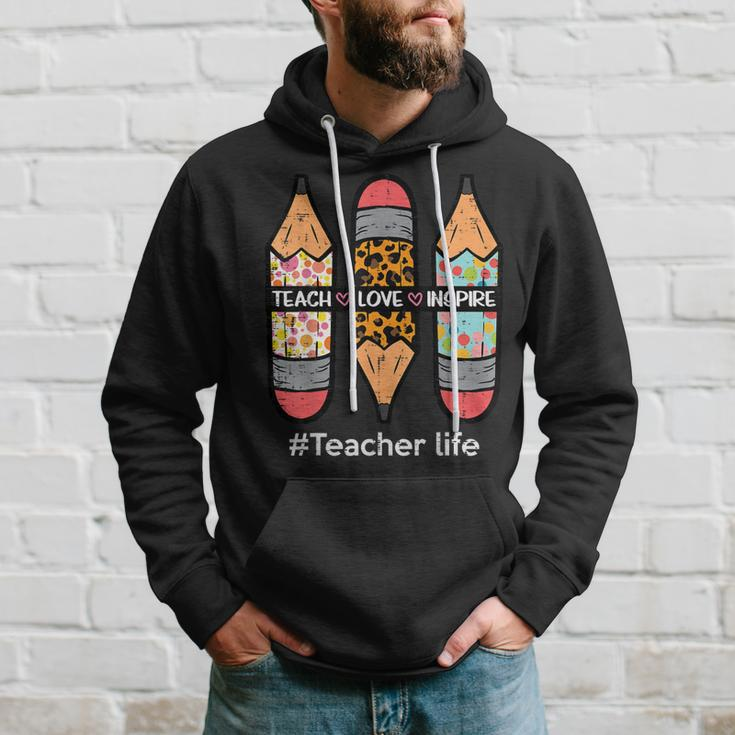 Teacher Life Teach Love Inspire Pencils Inspirational Women Hoodie Gifts for Him