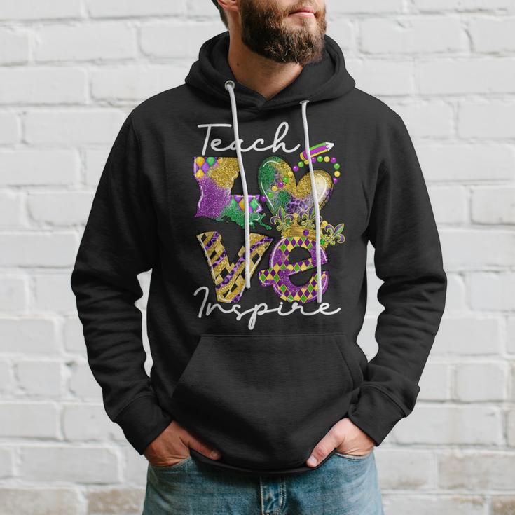 Teacher Mardi Gras Teach Love Inspire Carnival Beads Leopard Hoodie Gifts for Him