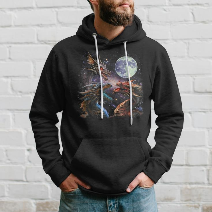 Three Dragon Starry Night Dragon Animal Howling At The Moon Hoodie Gifts for Him