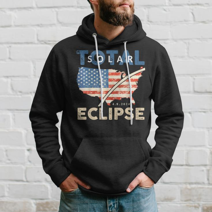 Total Solar Eclipse 04 08 2024 Path Of Totality Map Usa Flag Hoodie Gifts for Him