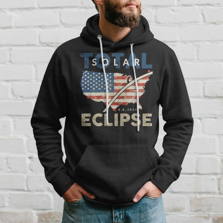 Total Solar Eclipse 0408 2024 Path Of Totality Map Usa Flag Hoodie Gifts for Him