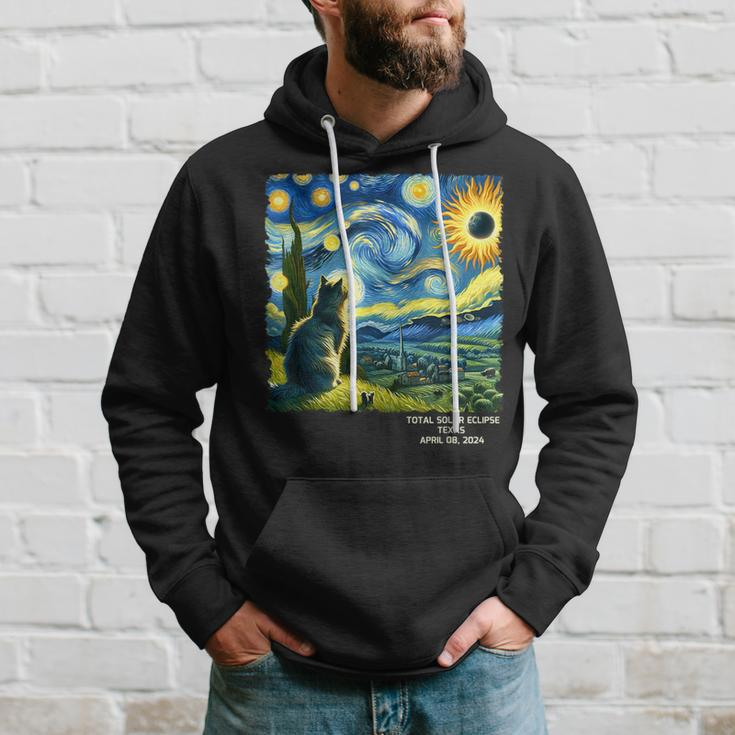 Total Solar Eclipse April 08 2024 Texas Starry Night Cat Hoodie Gifts for Him