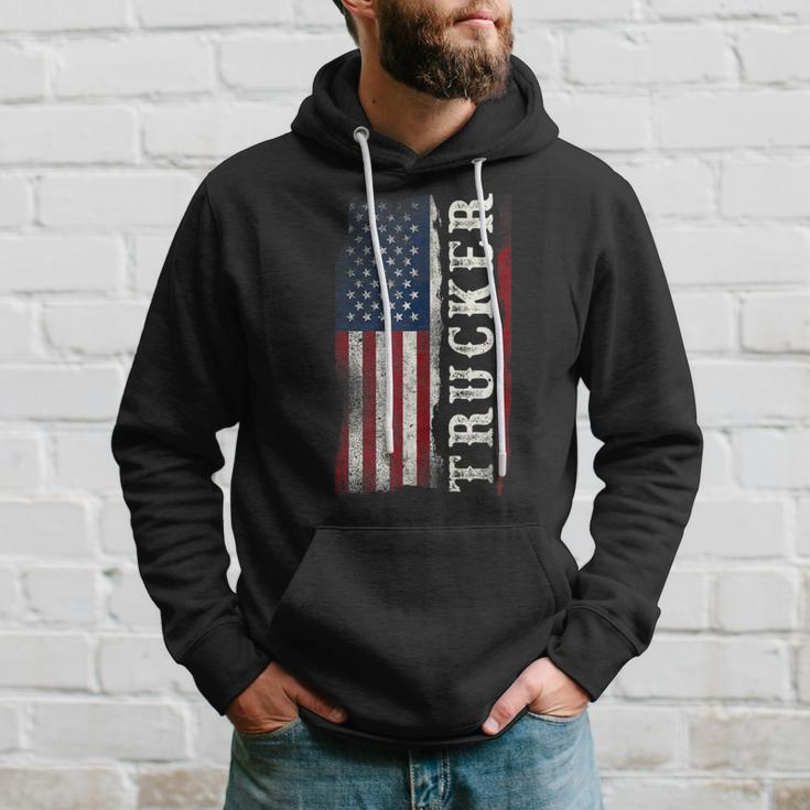 Trucker Truck Driver American Usa Flag Vintage Trucker Hoodie Gifts for Him