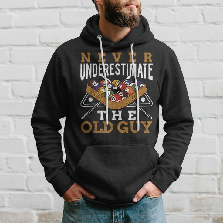 Never Underestimate The Old Guy Retro Pool Billiards Grandpa Hoodie Gifts for Him