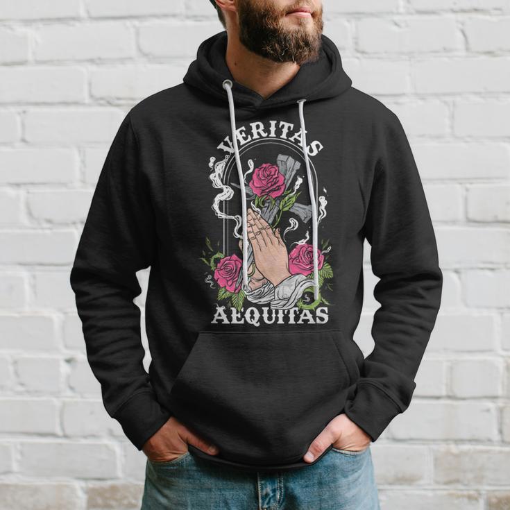 Veritas Aequitas Cross Roses Praying Hands Pray God Hoodie Gifts for Him