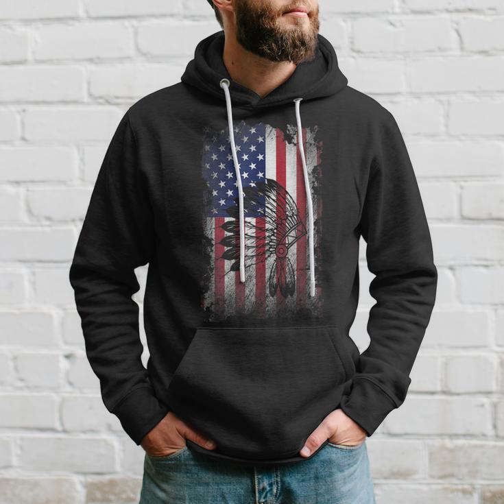 Vintage Distressed Skull Native Indian Feather American Flag Hoodie Gifts for Him