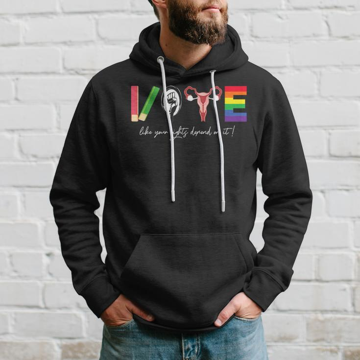 Vote Books Fist Uterus Lgtbq Flag Retro Pro Choice Liberal Hoodie Gifts for Him