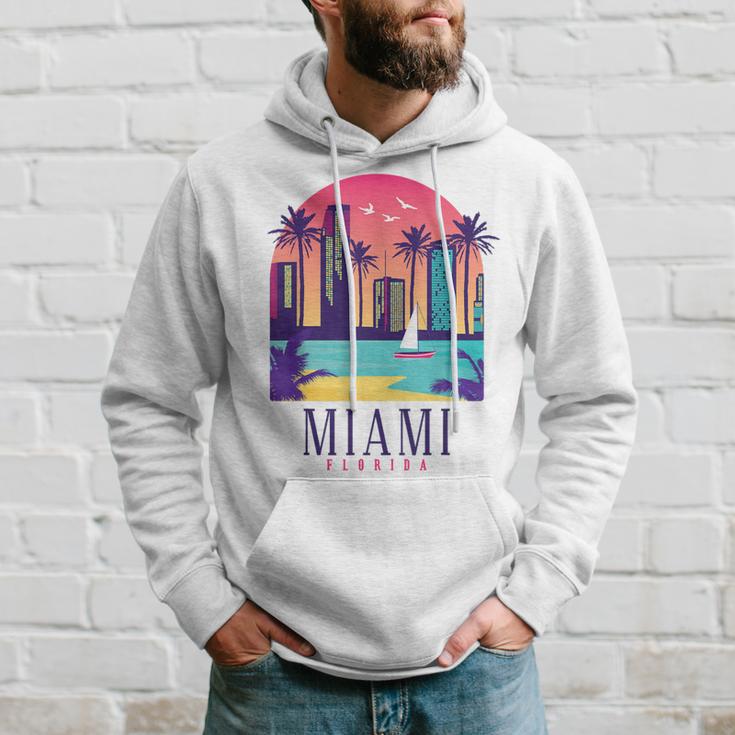 Miami Florida Vintage Retro Skyline Palm Trees Souvenir Hoodie Gifts for Him