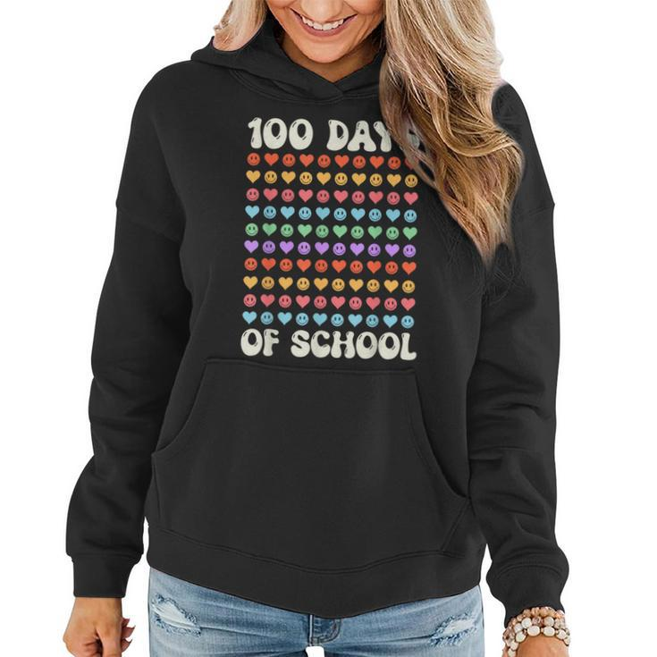 100Th Day 100 Days Of School Retro Groovy Hearts 100Th Women Hoodie