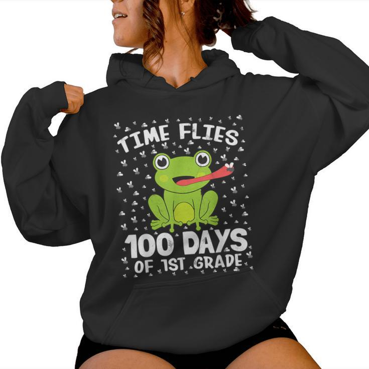 1St Grade 100 Days School Boys Girls Frog Time Flies Fly Kid Women Hoodie