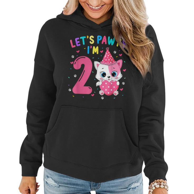 2Nd Birthday Girl Cat Kitten Let's Pawty I'm 2 Year Old Women Hoodie